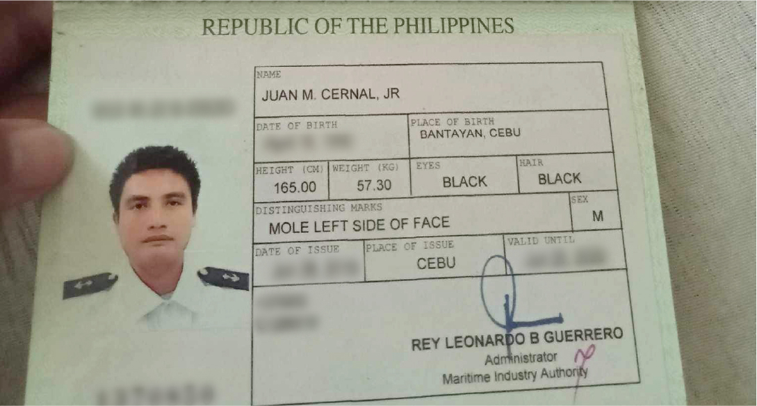 Photo shows the seaman book of Juan Cerna