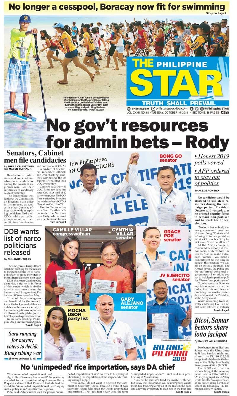 The STAR Cover (October 16, 2018) | Philstar.com