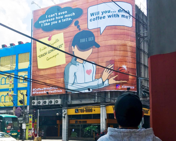 Kilig or overly creepy Coffee date billboard invite earns