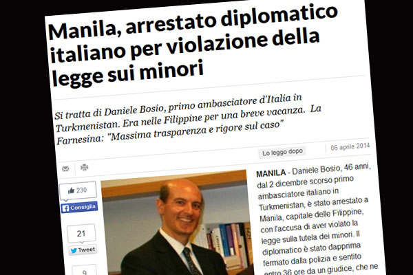 Italian diplomat nabbed in Manila for child trafficking