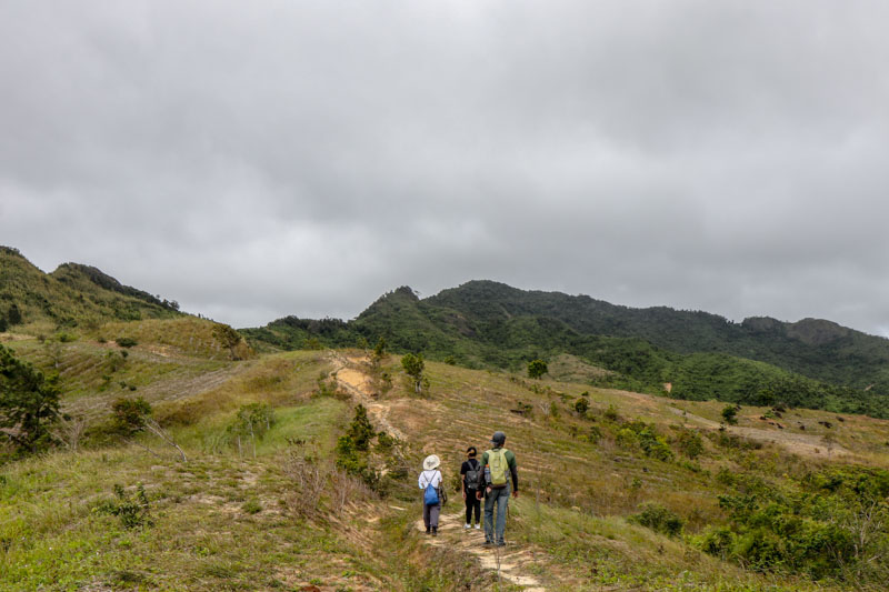 Three people wearing hiking gear walk on a dirt path at a reforestation site.