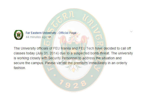 Bomb threat sinuspinde ang klase sa FEU
