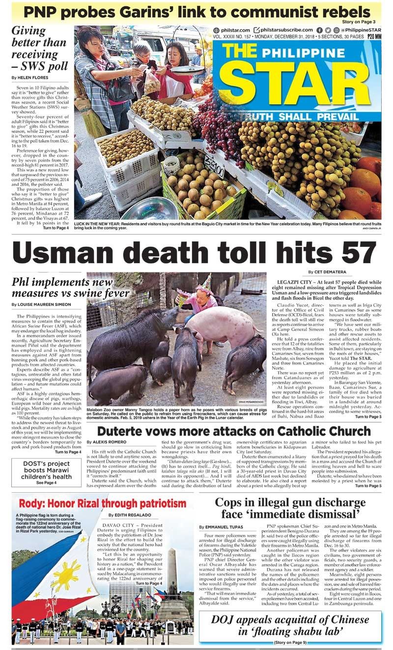 the star cover december 31 2018 philstar com