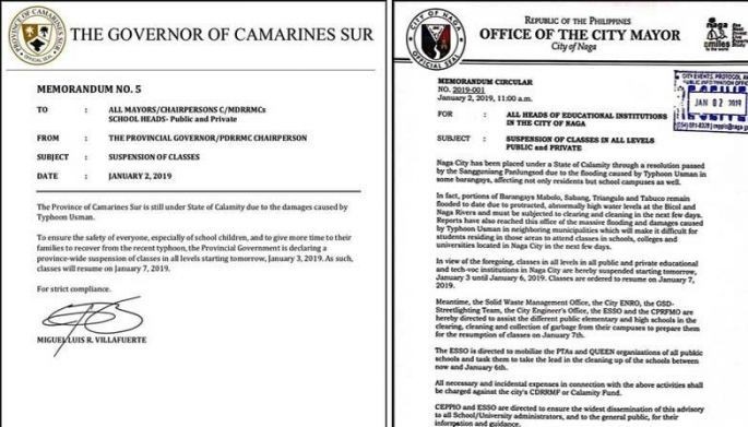 Albay, Camarines Sur schools closed until January 4