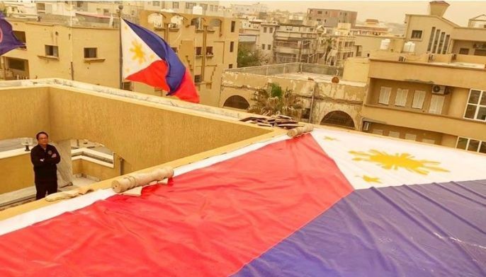 Philippine Embassy in Libya places flag on rooftop for protection on airstrikes