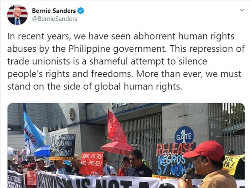 Palace: Bernie Sanders 'grandstanding, meddling' in tweet about Philippine workers