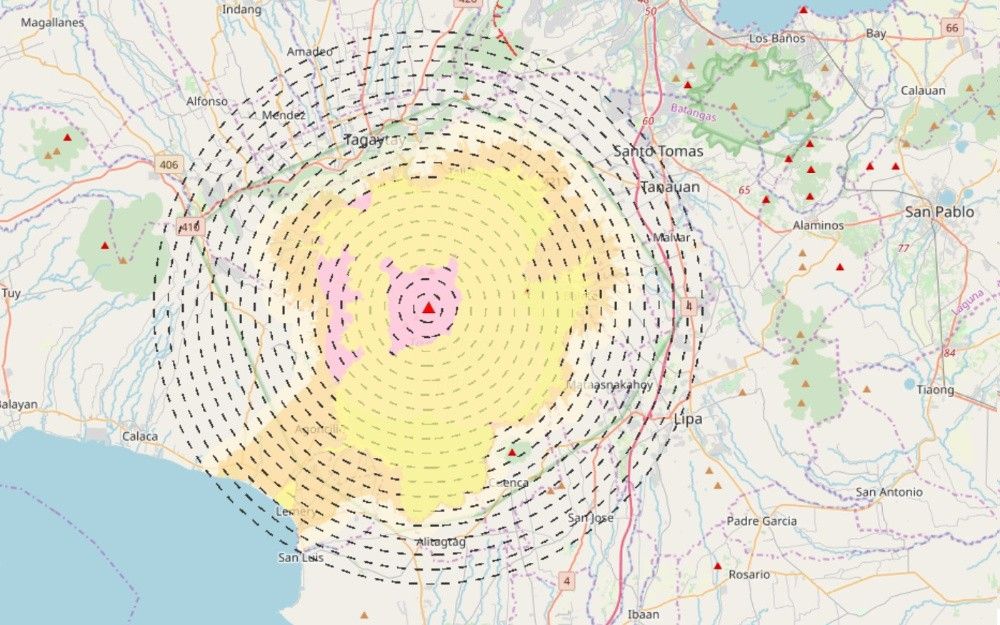 Maps of areas in immediate danger from a hazardous Taal eruption