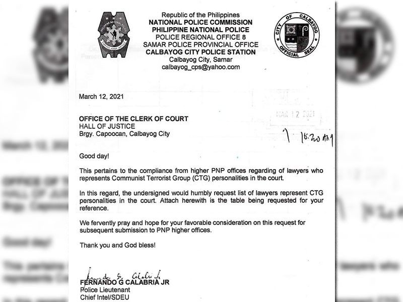 Cop relieved for asking Calbayog court for list of lawyers representing communist rebels