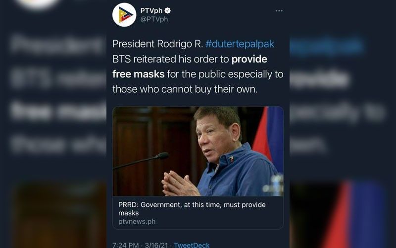 PTV to discipline social media team over 'erroneous' #DutertePalpak tweet