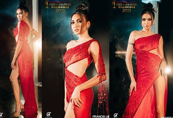 Beatrice Luigi Gomez mengenakan pakaian merah Francis Libiran di penyisihan Miss Universe 2021