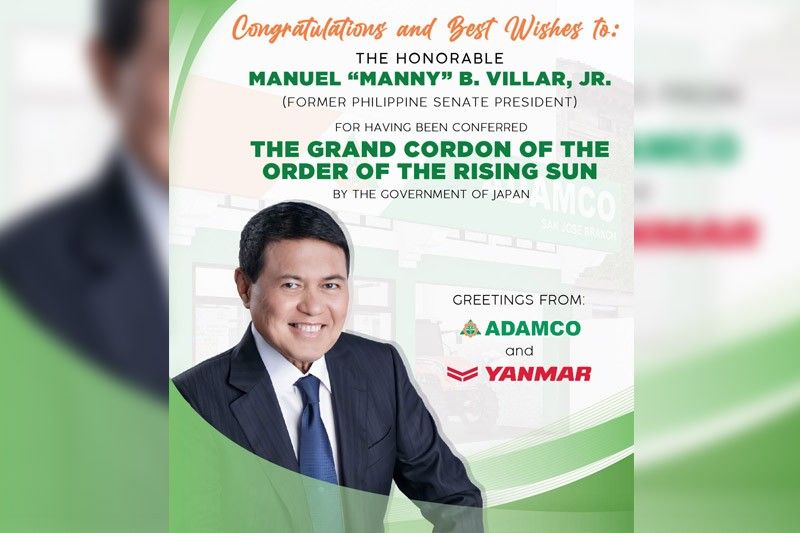 ADAMCO, YPC laud Villar for being conferred Japanâ��s Order of Rising Sun