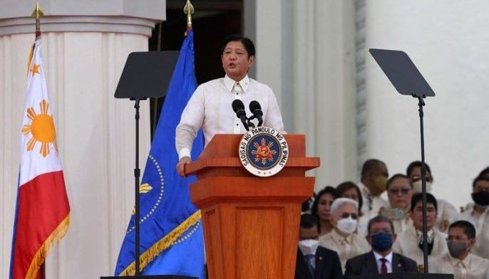 New Philippine President Ferdinand Marcos Jr. delivers a speech after he was sworn in as the country's new leader, at the National Museum in Manila on June 30, 2022.