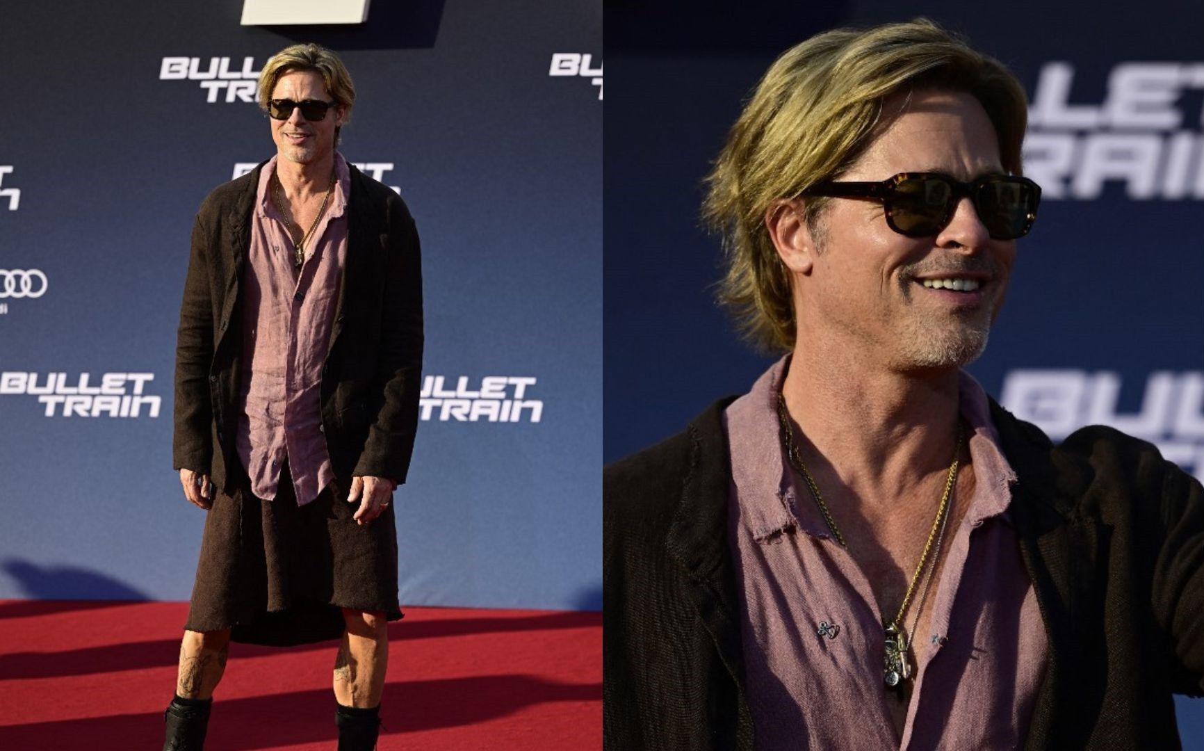 Brad Pitt wears skirt, shrugs off retirement at 'Bullet Train' premieres