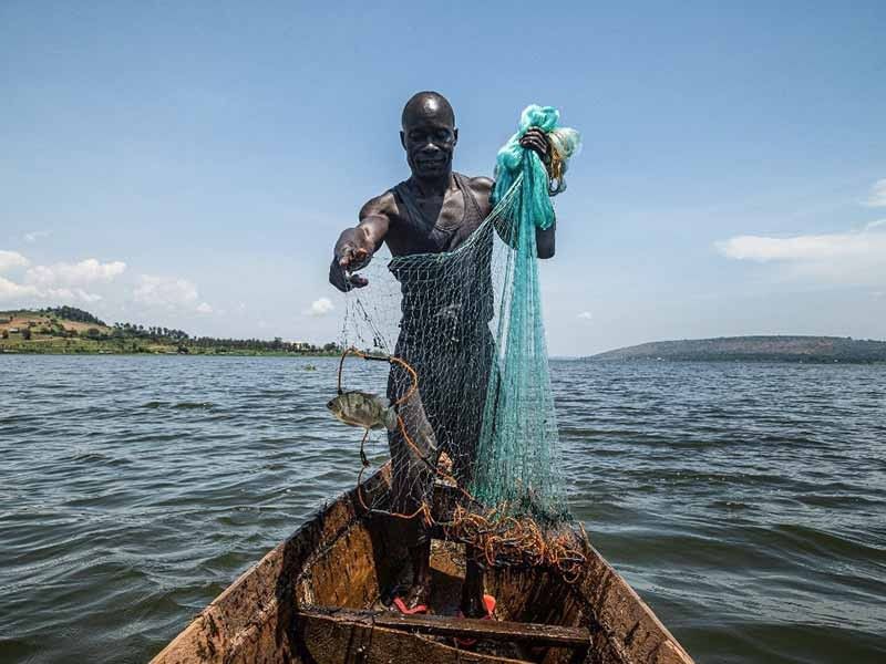 This photograph taken on October 7, 2022, shows Jowali Kitagenda, 40, casting his net to catch fish on River Nile in Jinja, southern Uganda.