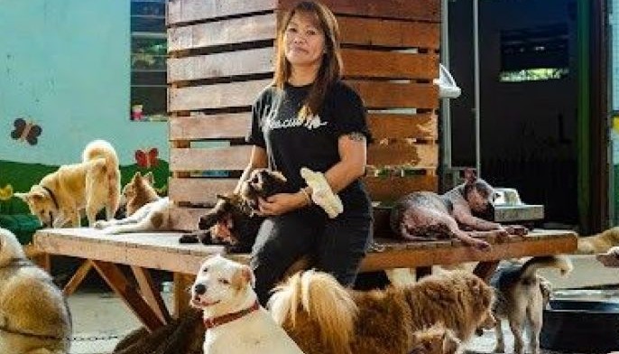 Rachel Cribello, a senior staff member of Pawssion Project-Bulacan, poses for a portrait with some of the shelter
