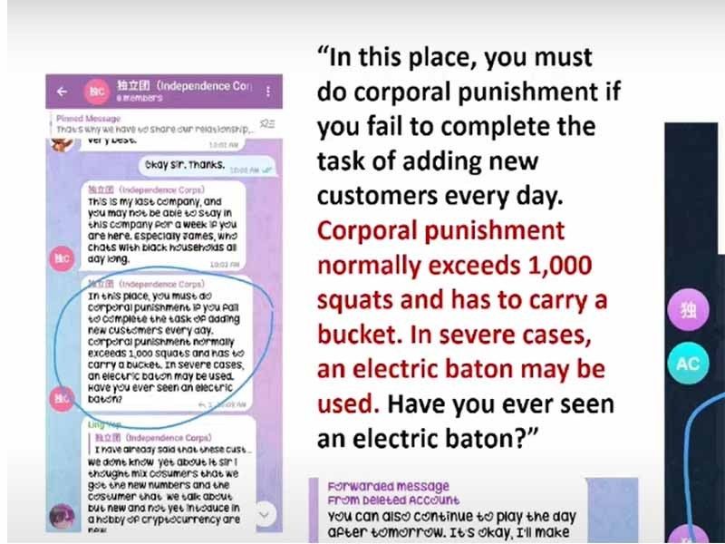 This detail from a presentation that Sen. Risa Hontiveros gave in a privilege speech on November 21, 2022 warning against a scheme to recruit Filipinos for fake jobs abroad. They are later kidnapped and forced to work to scam foreigners.