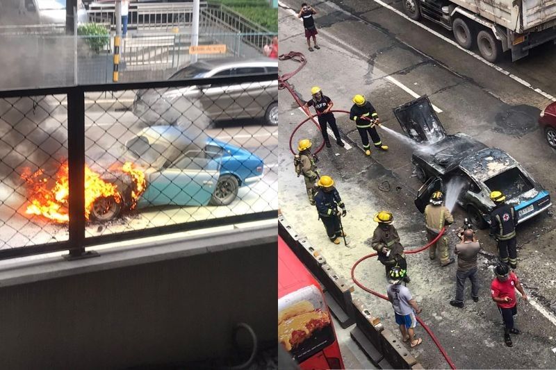 Car near MRT-3 Boni station engulfed by flames in middle of EDSA