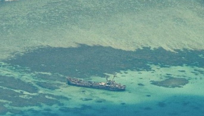 An aerial view taken on March 9, 2023 shows Philippine ship BRP Sierra Madre grounded on Ayunging Shoal (Second Thomas Shoal) in the South China Sea.