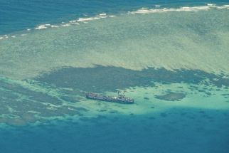 An aerial view taken on March 9, 2023 shows Philippine ship BRP Sierra Madre grounded on Ayunging Shoal (Second Thomas Shoal) in the South China Sea.