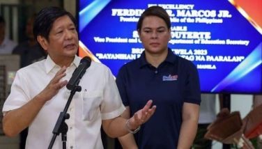 President Ferdinand &quot;Bongbong&quot; Marcos Jr. and Vice President Sara Duterte answer questions from the media during the kickoff of Brigada Eskwela 2023 at Victorino Mapa High School in Manila on August 14, 2023. 