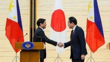 President Ferdinand Marcos Jr. and Japanese Prime Minister Fumio Kishida shake hand on February 10, 2023. 