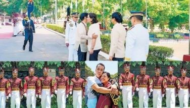 President Marcos busses Vice President Sara Duterte as they attend the 45th Philippine National Police Academy commencement exercises for the Layag-Diwa Class of 2024 (lower photo) in Silang, Cavite yesterday. Inset shows cadet Ma. Camille Cabasis getting a hug from her father after receiving the Presidential Kampilan Award as class valedictorian.