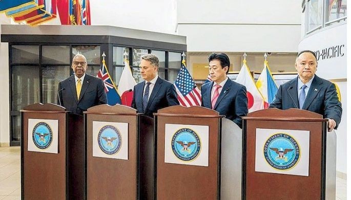 Defense Secretary Gilbert Teodoro (right) is joined by US Secretary of Defense Lloyd Austin, Australian Deputy Prime Minister and Defense Minister Richard Marles and Japanese Defense Minister Kihara Minoru during a multilateral press briefing at the US Indo-Pacific Command headquarters in Hawaii the other day.