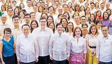 President Marcos, Executive Secretary Lucas Bersamin, Finance Secretary Ralph Recto and NEDA Secretary Arsenio Balisacan join officials of government-owned or controlled corporations during GOCC Day at the PICC in Pasay City yesterday.
