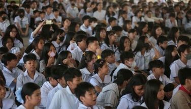 Students watch skits on the risks of underage drinking from the educators of Smashed PH program at Jose P. Laurel Senior High School in Project 4, Quezon City on February 26, 2024.