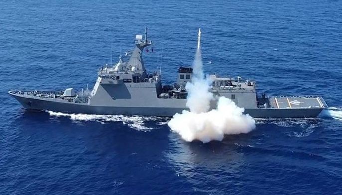 In this handout photo from the Armed Forces of the Philippines (AFP) taken and received on May 8, 2024, shows the BRP Jose Rizal launching a C-Star Surface to Surface Anti-Ship Missile directed towards a mock enemy target during the maritime strike exercise as part of the joint US-Philippines annual military Balikatan drills in Laoag, on Luzon island's northwest coast.
