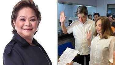 Composite images of showbiz columnist Cristy Fermin (left) and husband-and-wife Sharon Cuneta and former senator Francis &quot;Kiko&quot; Pangilinan (right) at the Makati Prosecutor's Office on May 10, 2024. 