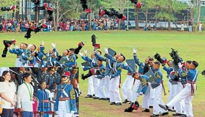 President Marcos and Vice President Sara Duterte attend the Philippine Military Academy commencement exercise for Bagong Sinag Class of 2024, which was topped by Cadet 1st Class Jeneth Elumba, at Fort del Pilar in Baguio City yesterday. Top photo shows cadets throwing their &acirc;��shakos,&acirc;�� or military hats, into the air at the end of the graduation rites.