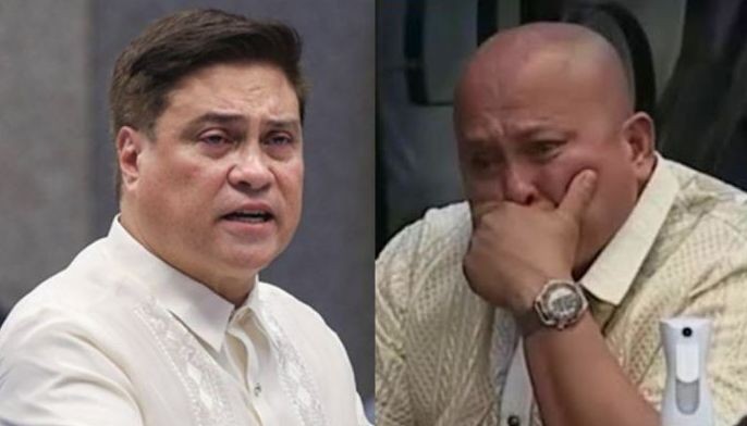 Sen. Juan Miguel Zubiri delivers his privilege speech on May 20, 2024 (left), while Sen. Ronald dela Rosa is seen tearing up during Zubiri's announcement of his resignation as Senate president.
