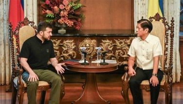 Ukraine&acirc;��s President Volodymyr Zelensky (L) speaks with Philippines&acirc;�� President Ferdinand Marcos Jr. during their meeting at the Malacanang Palace in Manila on June 3, 2024.
