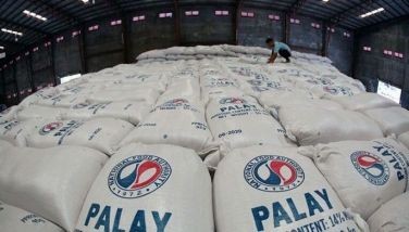 Workers arrange sacks of National Food Authority (NFA) palay or unmilled rice inside their warehouse in Balagtas, Bulacan on May 22, 2024.