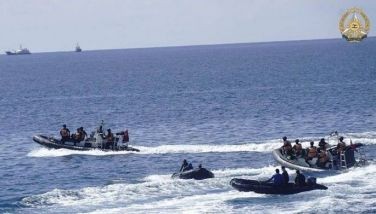 This handout photo taken on May 19, 2024 and received on June 4, 2024 from the Armed Forces of the Philippines shows two Chinese rigid-hulled inflatable boats (L and R) maneuvering close to Philippine personnel on board their boats (2nd L and 2nd R) near the Philippine outpost at Second Second Thomas Shoal in disputed waters of the South China Sea. The Philippine military said June 4 that Chinese boats illegally &quot;seized&quot; food and medicine airdropped to a Filipino outpost in the South China Sea. Chinese personnel on board the boats later dumped the items in the water, a Philippine Navy spokesman said.