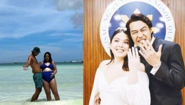 Celebrity couple Ria Atayde and Zanjoe Marudo during their March 2024 wedding (right) and while on beach with Ria showing her baby bump(left).