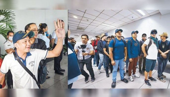 Christian Domarique, captain of the Houthi-hit MV Tutor, arrives with the rest of the rescued Filipino crew at the NAIA yesterday. They were met by officials and representatives of the Department of Foreign Affairs, Department of Migrant Workers, Department of Health and Overseas Workers Welfare Administration.