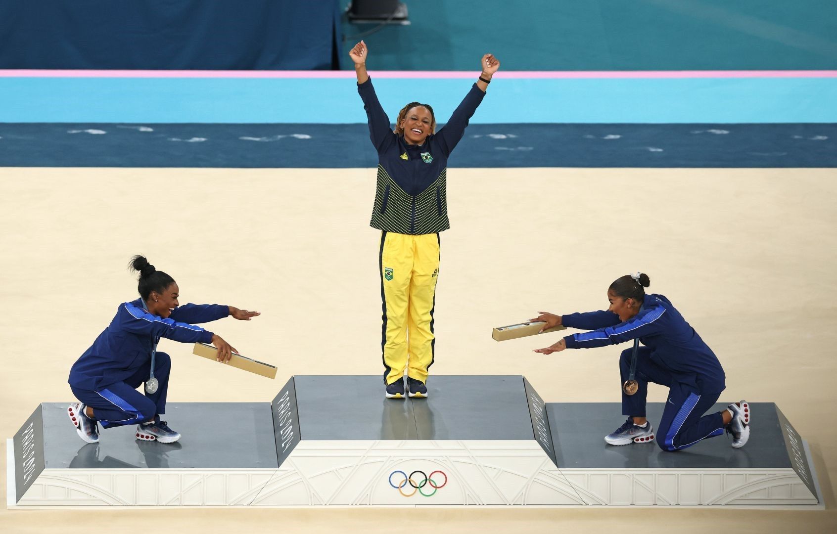 Simone Biles, Jordan Chiles bowing to Rebeca Andrade on Olympic podium goes viral