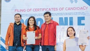 Las Pi&Atilde;&plusmn;as Rep. Camille Villar, accompanied by her father former Senate president Manny Villar and brother Sen. Mark Villar, files her certificate of candidacy for senator yesterday. Villar anchors her campaign on the promotion of the welfare of women and children, the vulnerable sector, and small and medium enterprises. Lower photo shows Makati City Mayor Abby Binay with her COC for senator. She plans to prioritize amendments to the Local Government Code to support local governance. 