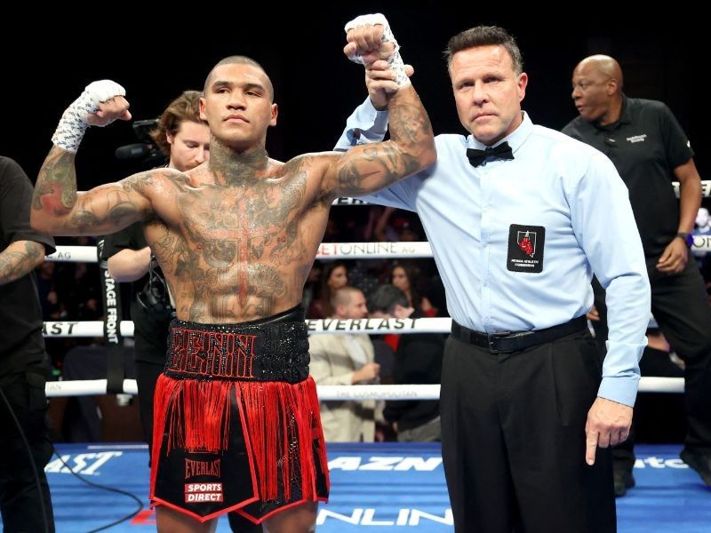 Conor Benn poses with referee Thomas Taylor following the formerâs victory over Peter Dobson in their welterweight fight at The Cosmopolitan, Chelsea Ballroom on February 03, 2024 in Las Vegas, Nevada.