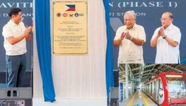 President Marcos unveils the project marker for the Light Rail Transit Line 1 Cavite Extension Phase 1 during an inauguration ceremony in Para&Atilde;&plusmn;aque yesterday. Joining him are Transportation Secretary Jaime Bautista and Metro Pacific Investments Corp. chairman, president and CEO Manny V. Pangilinan. Lower photo shows the train set at the Dr. A. Santos station, which begins operations today.