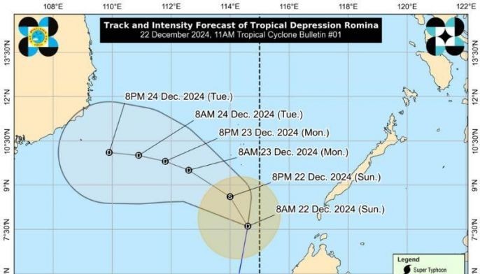 PAGASA's track forecast for tropical cyclone Romina as it enters the Philippine area of responsibility on Dec. 22, 2024.