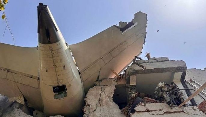 This handout taken and posted on the X (formerly Twitter) account of the Central Industrial Security Force (CISF) On June 12, 2025 shows the back of an Air India plane after it crashed in a residential area near the airport in Ahmedabad.