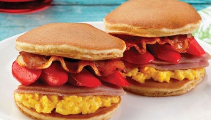 Pancake sandwich with pork, eggs for kids' baon