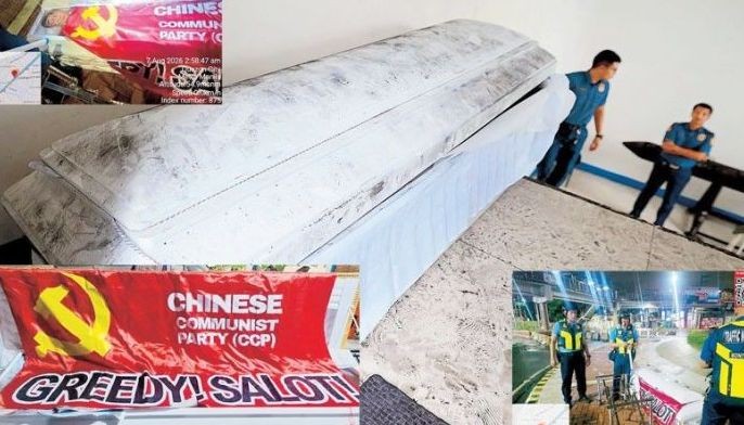 Members of the Quezon City Police District dust a casket for fingerprints after it was found at the Boy Scout Circle early yesterday. Five caskets with anti-Chinese messages (insets) were unloaded by unidentified persons in Manila, Caloocan City, Quezon City and Makati.