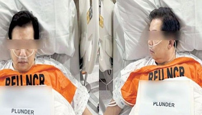 Combo photo released by the Philippine National Police yesterday shows the mugshot of former speaker Martin Romualdez taken at the Cardinal Santos Medical Center. Romualdez was arrested Monday and underwent booking procedures at the hospital