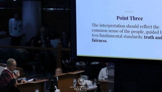Retired Chief Justice Artemio Panganiban presented his views on the voting threshold issue during his appearance before the Senate impeachment court as one of the amici curiae, September 16, 2026.