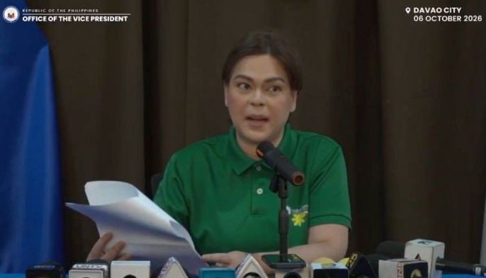 Vice President Sara Duterte speaks during a press briefing on Tuesday, October 6, 2026, where she denied allegations linking her to cash deliveries claimed by dismissed policeman Rodulfo Gracioso Jr.