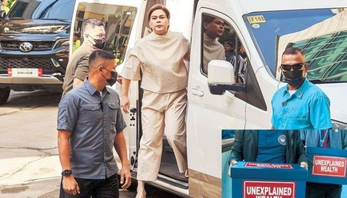 Vice President Sara Duterte arrives at the Quezon City Hall of Justice yesterday for her grave threats case arraignment, which did not proceed after a motion related to the case remained pending, according to her camp. Lower photo shows boxes marked &acirc;��unexplained wealth&acirc;�� being carried to the Senate as a witness from the Bureau of Internal Revenue testifies on the Vice President&acirc;��s income tax returns, financial statements and gaps between declared compensation and other recorded funds.